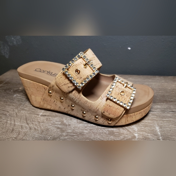 Corkys Footwear Women's Size 6 Main Squeeze Rhinestone Buckle Cork Glam Wedges - Picture 3 of 8